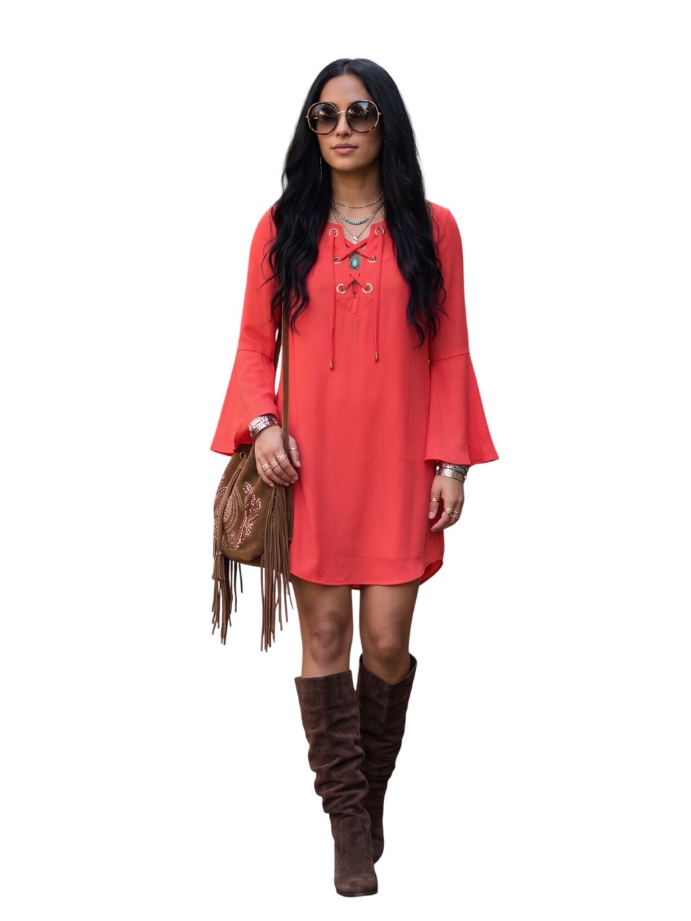 Trina Turk Boho Tomato Red Bell Sleeve Tie Neck Mini Dress 2 Pockets Grommets